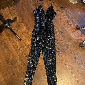 Black PVC Lace up Bodysuit with Zipper